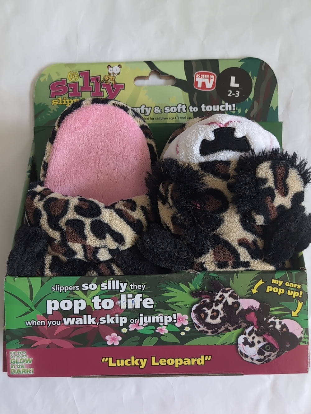 Silly Slippeez "Lucky Leopard" Plush Slippers - Pink & Leopard Print-L